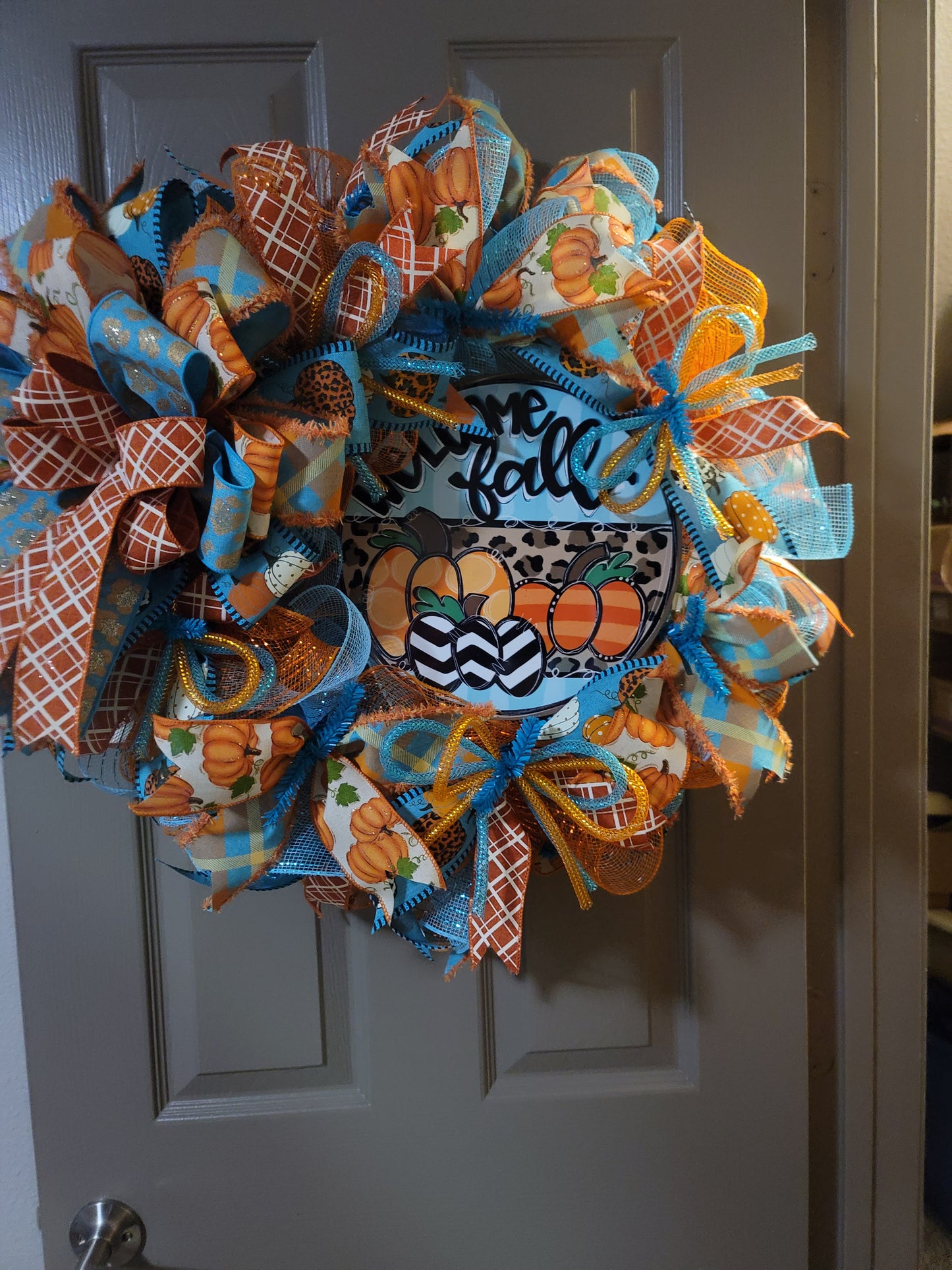 Fall wreath, autumn wreath, orange and turquoise fall wreath, home decor, Door hanger, fall decor, Front door wreath