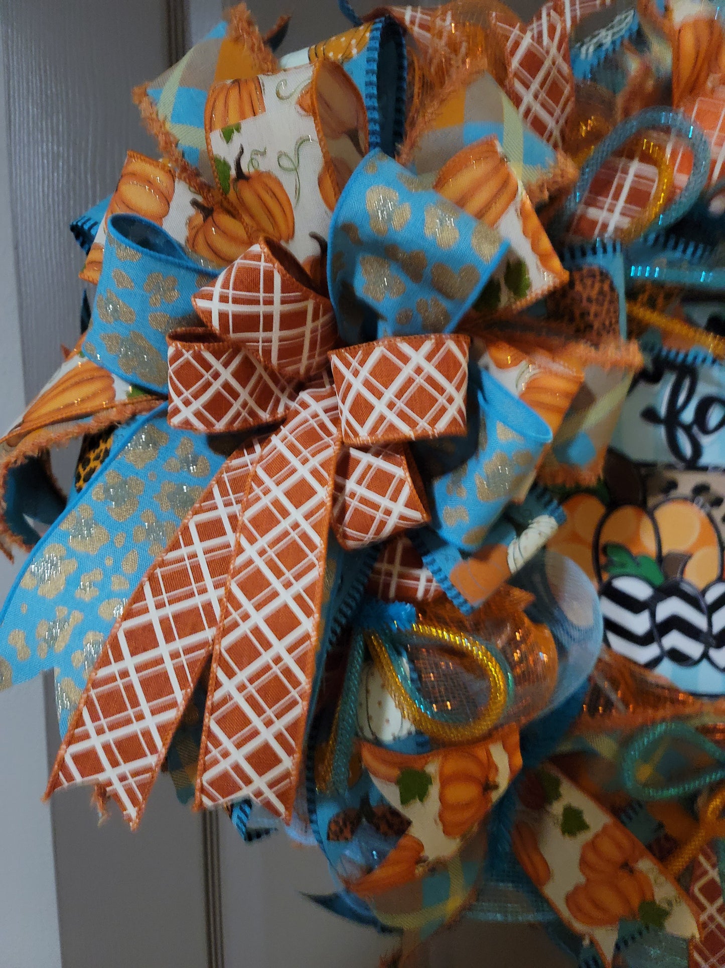 Fall wreath, autumn wreath, orange and turquoise fall wreath, home decor, Door hanger, fall decor, Front door wreath