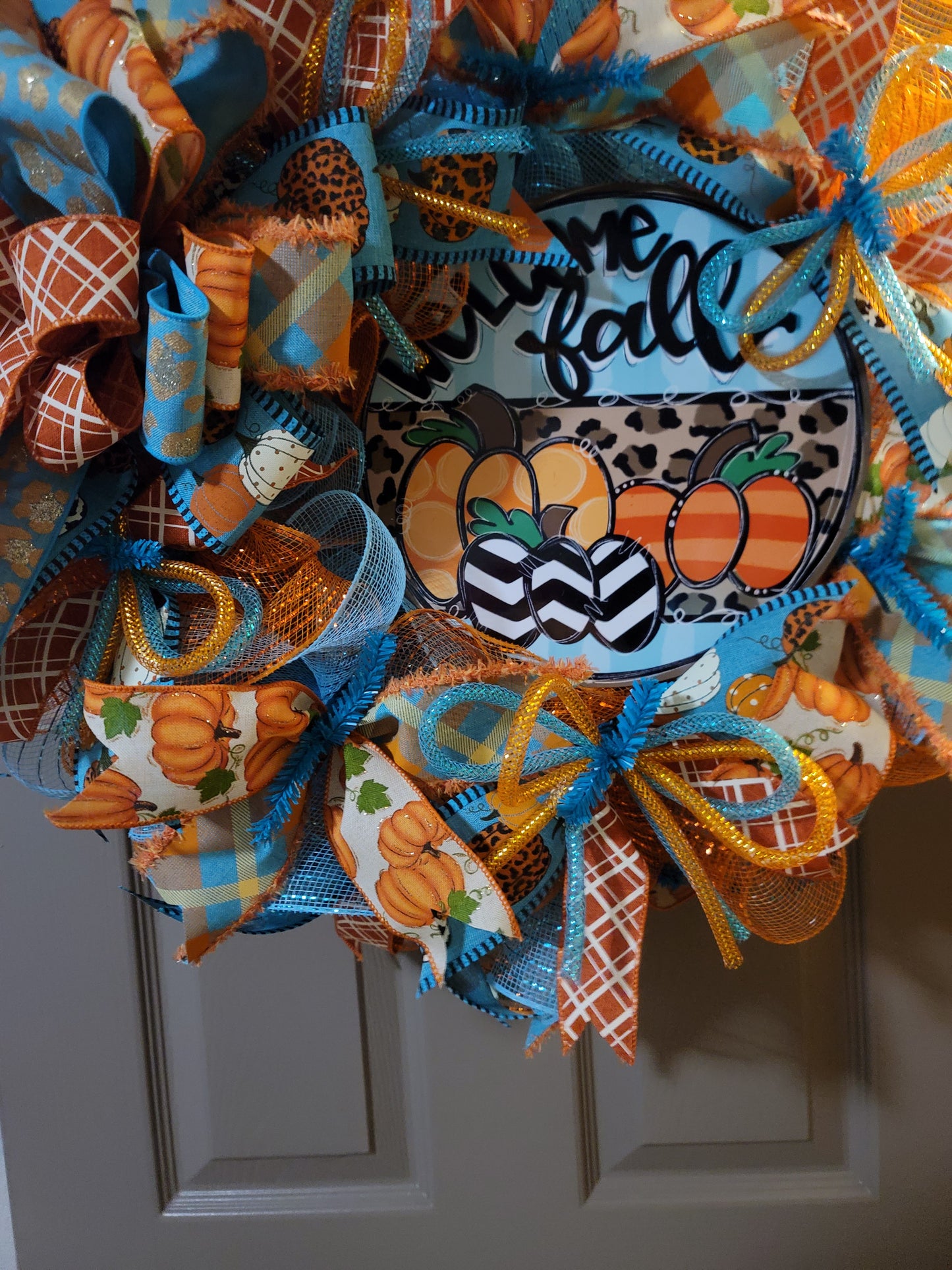 Fall wreath, autumn wreath, orange and turquoise fall wreath, home decor, Door hanger, fall decor, Front door wreath