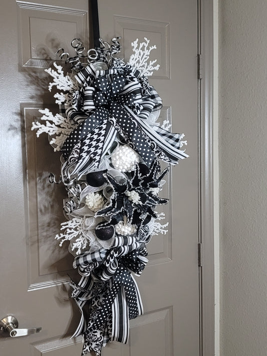 Rustic Farmhouse Christmas swag, Door wreath, holiday wreath, winter wreath, black and white swag, front door wreath