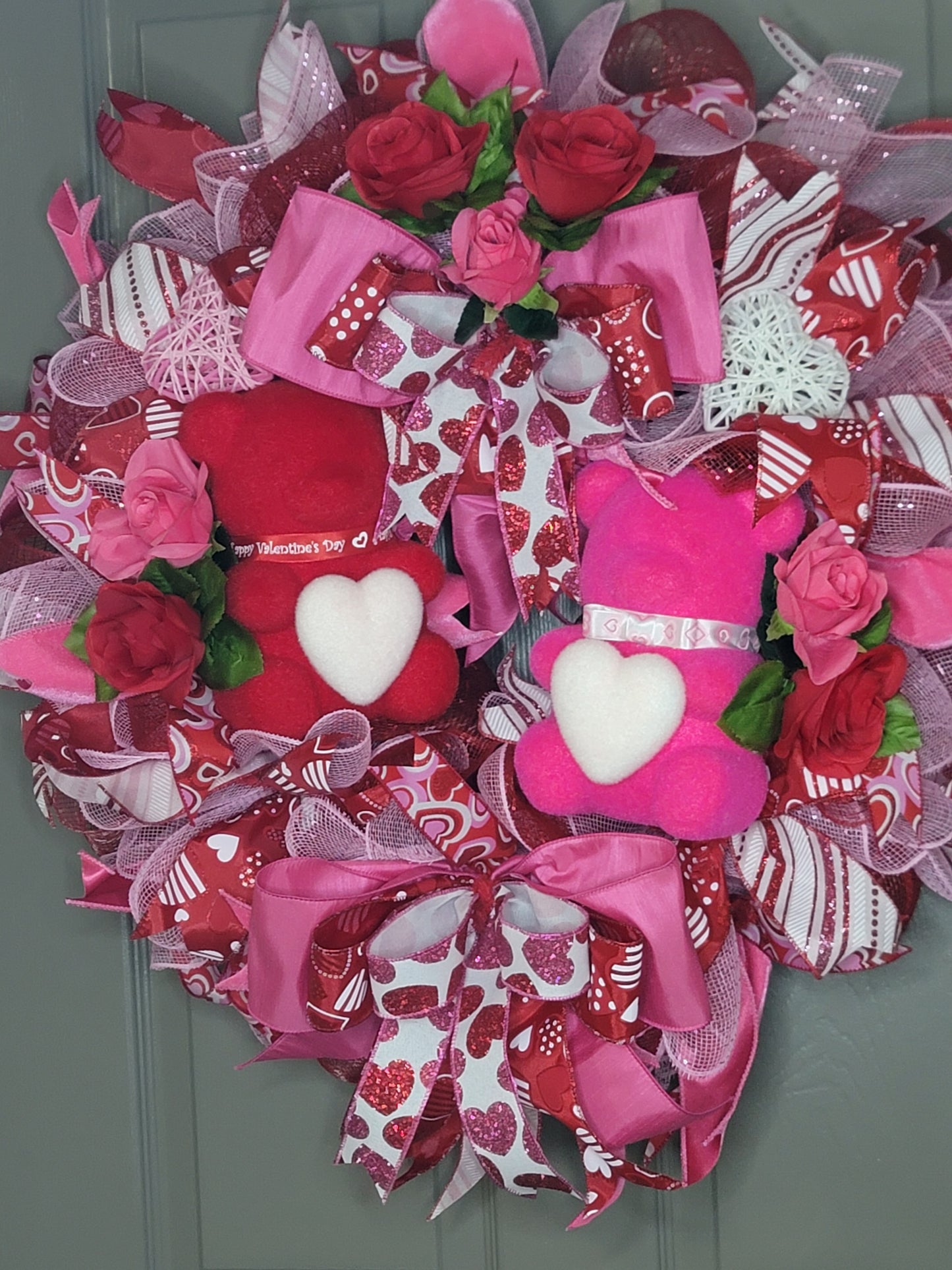 Teddy Bear Valentine's wreath, winter wreath, Everyday wreath, door hanger, pink and red Valentine's wreath