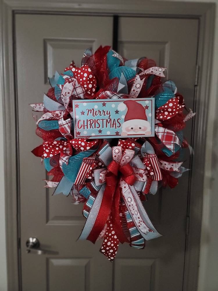 Christmas wreath, Red and Turquoise Christmas wreath,  Santa Wreath, Door decor, Front door wreath