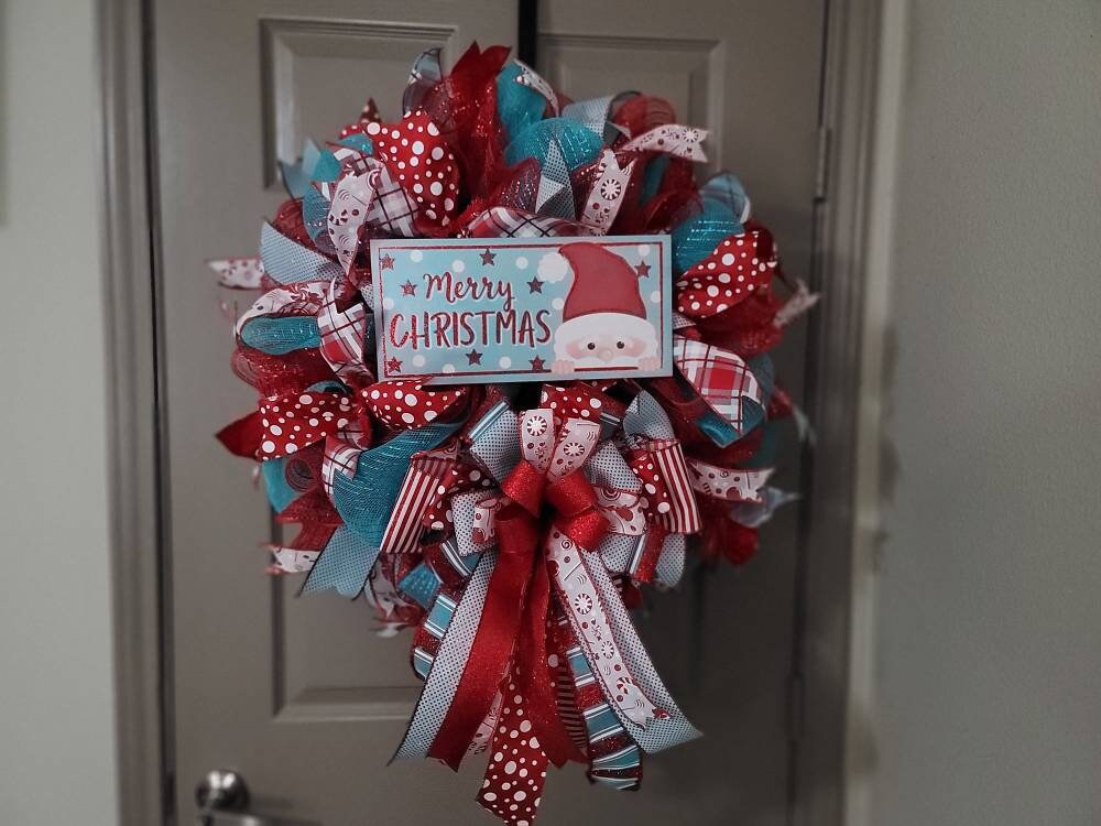 Christmas wreath, Red and Turquoise Christmas wreath,  Santa Wreath, Door decor, Front door wreath