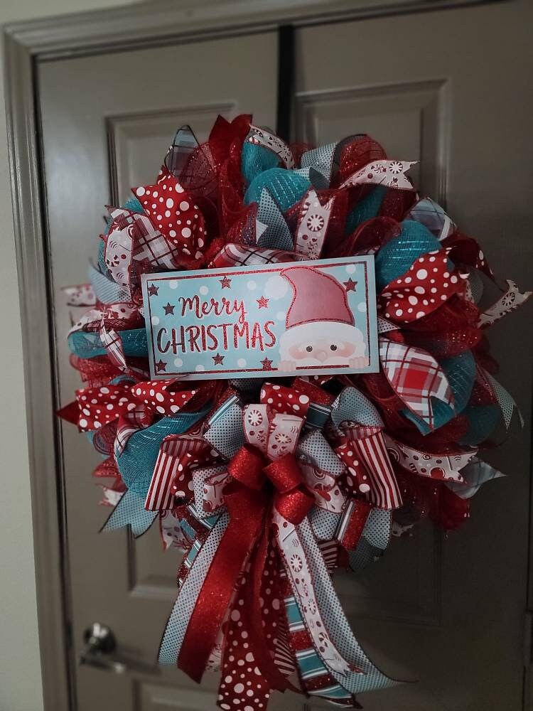 Christmas wreath, Red and Turquoise Christmas wreath,  Santa Wreath, Door decor, Front door wreath