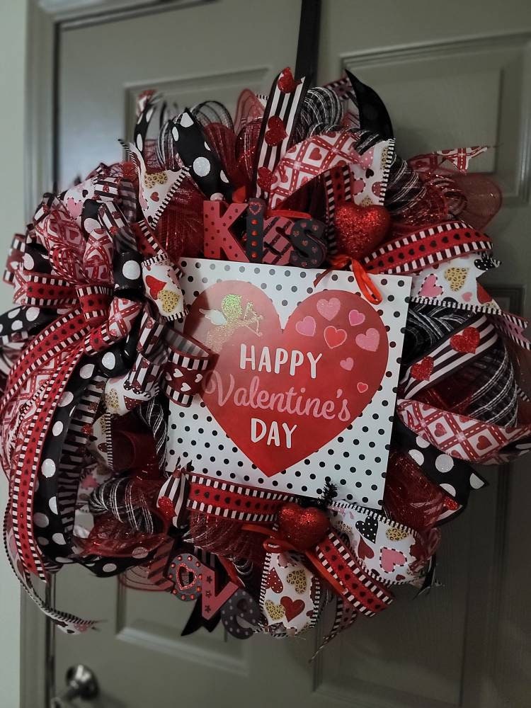 Valentine's wreath,  red and black wreath,  heart wreath,  door hanger,  seasonal wreath