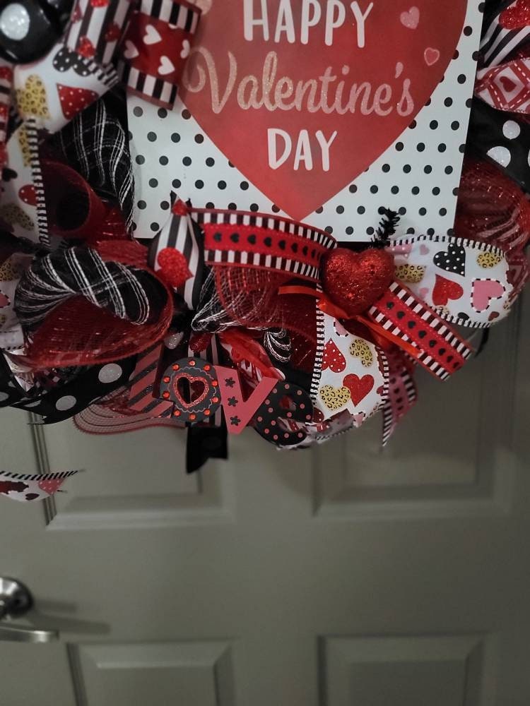 Valentine's wreath,  red and black wreath,  heart wreath,  door hanger,  seasonal wreath