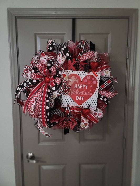 Valentine's wreath,  red and black wreath,  heart wreath,  door hanger,  seasonal wreath