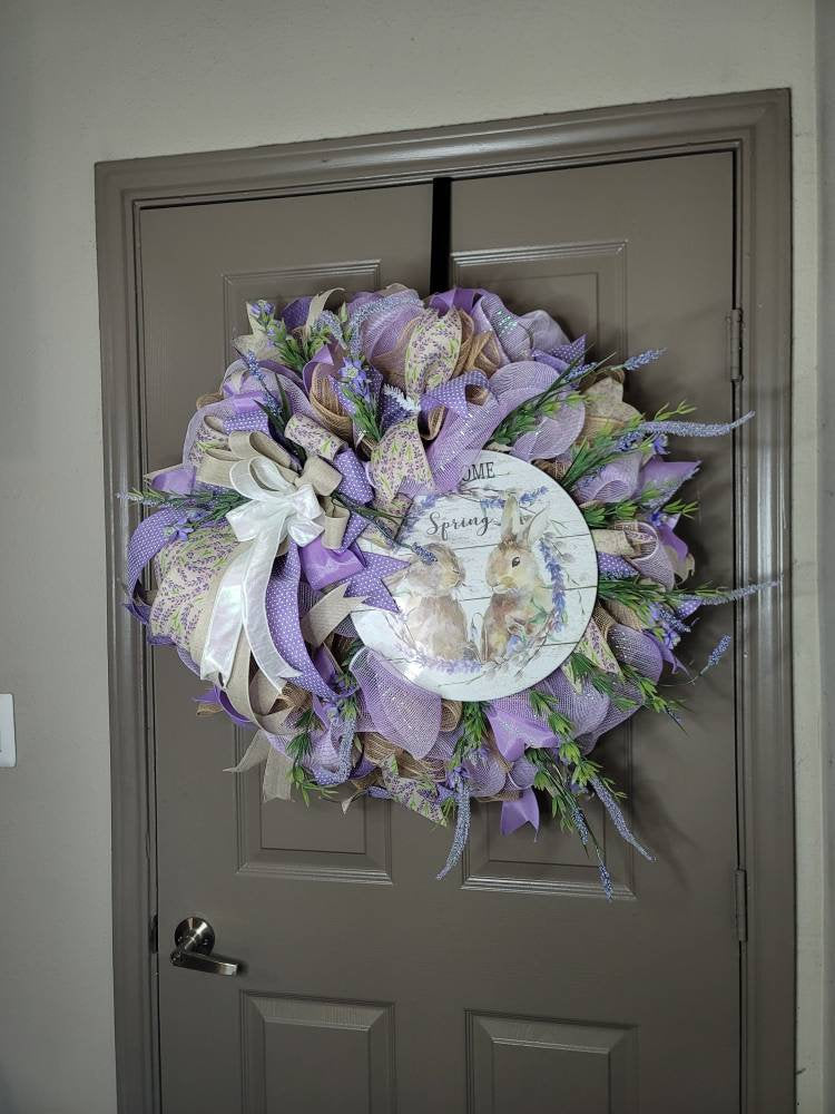 Spring wreath,  wreath,  spring door hanger,  purple wreath,  bunny wreath,  lavender wreath,  Easter wreath