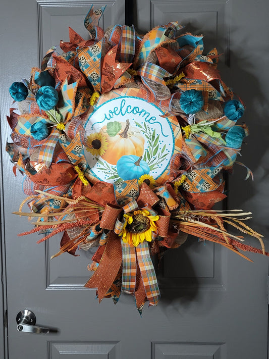 Fall wreath,  Turquoise and orange Fall wreath