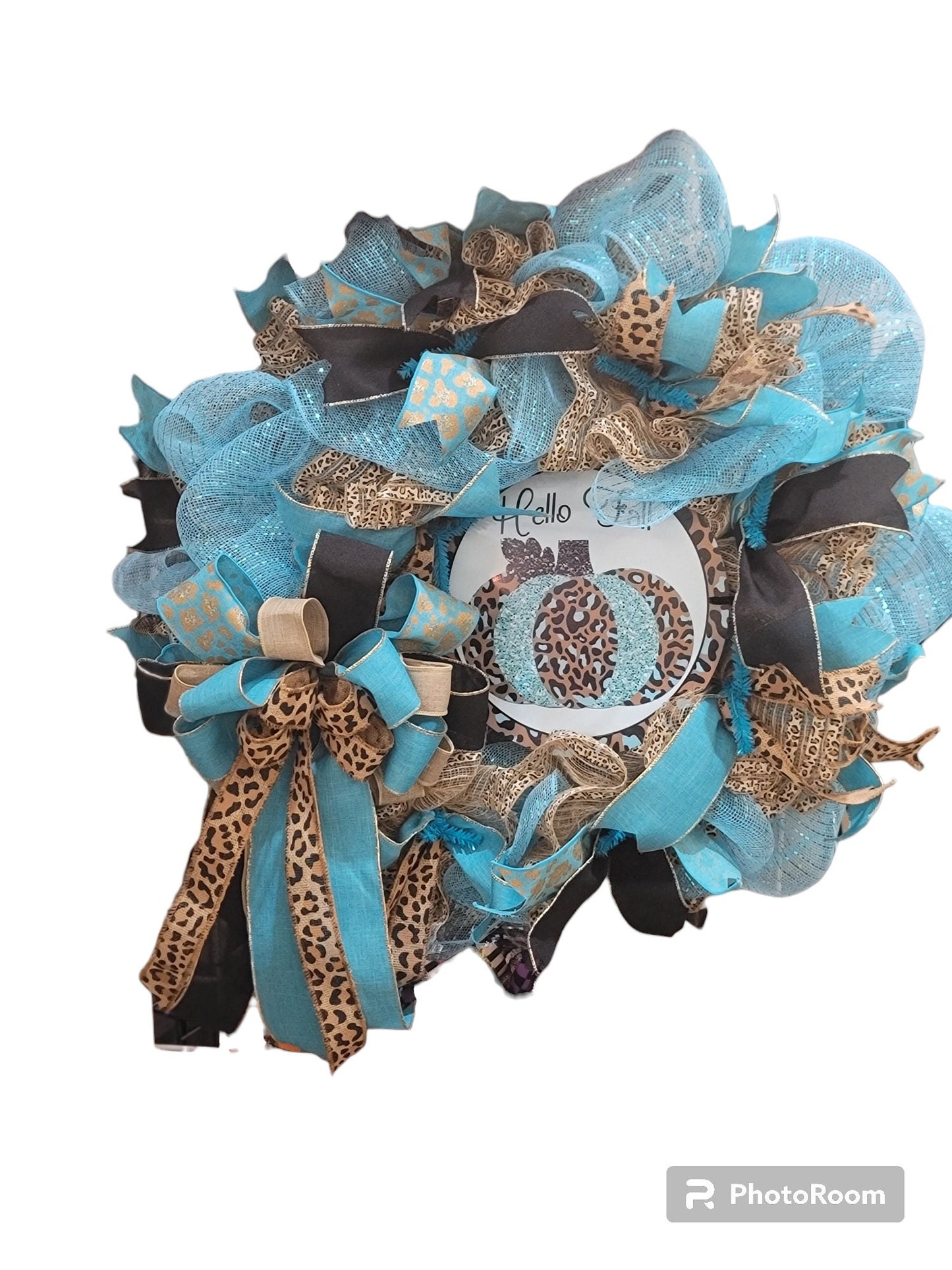 Turquoise and leopard print wreath,  Fall wreath,  home decor,  door decor