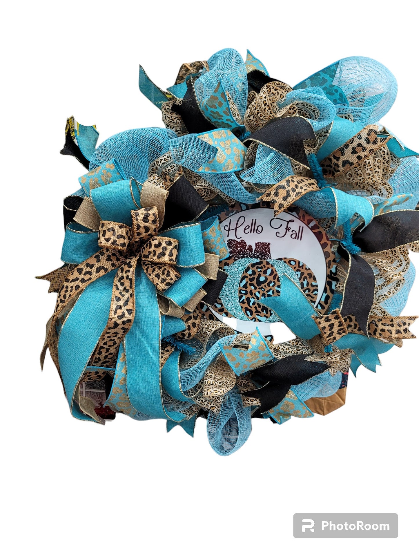 Turquoise and leopard print wreath,  Fall wreath,  home decor,  door decor