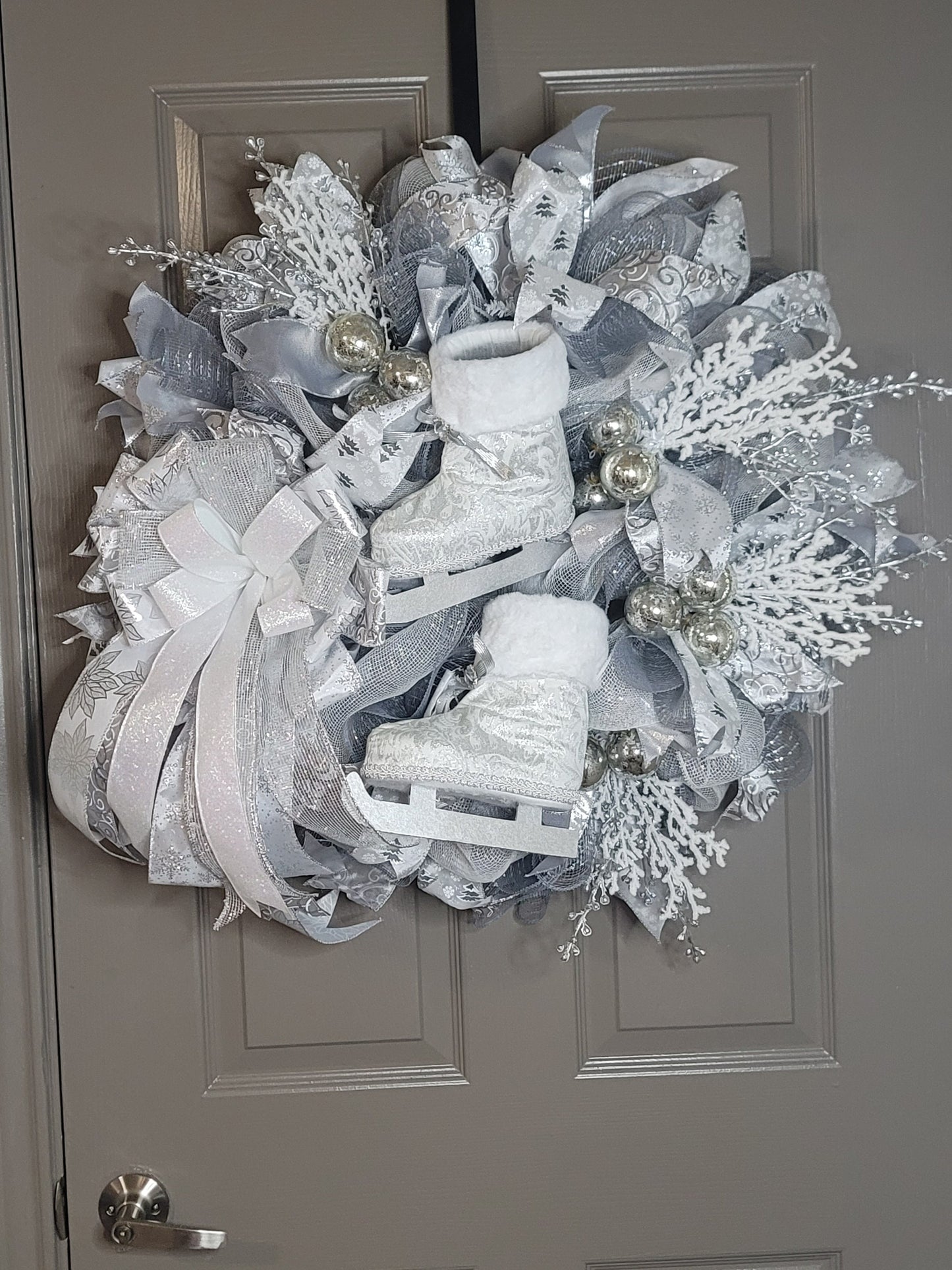 Christmas wreath,  Door wreath,  holiday wreath,  ice skate wreath, silver and white wreath,  front door wreath