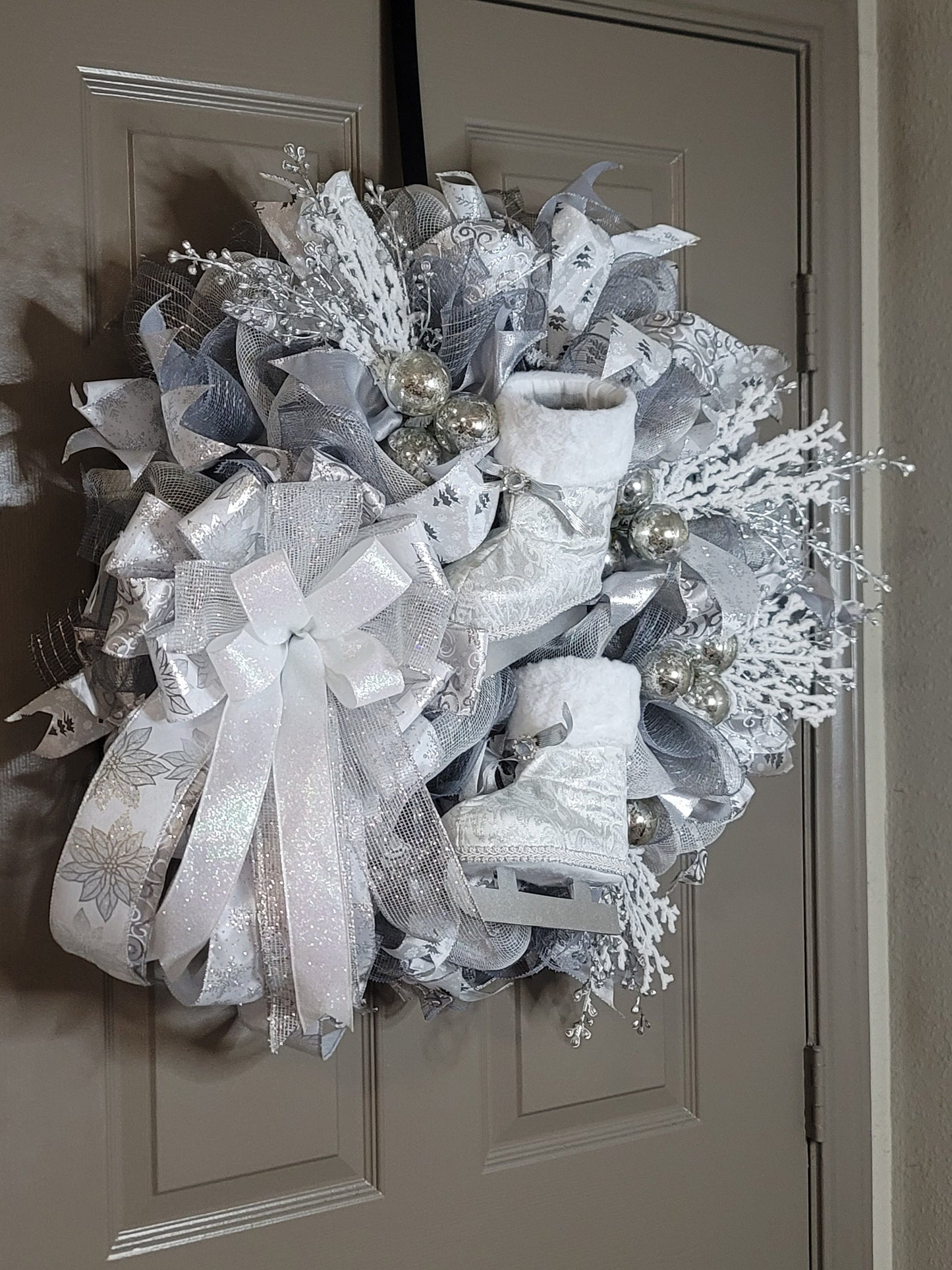 Christmas wreath,  Door wreath,  holiday wreath,  ice skate wreath, silver and white wreath,  front door wreath