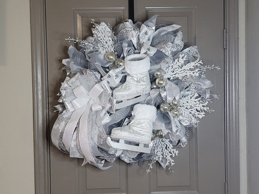 Christmas wreath,  Door wreath,  holiday wreath,  ice skate wreath, silver and white wreath,  front door wreath