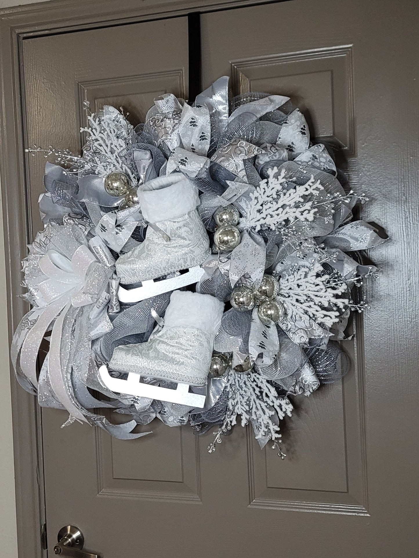 Christmas wreath,  Door wreath,  holiday wreath,  ice skate wreath, silver and white wreath,  front door wreath