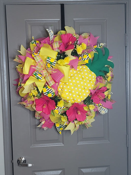 Bright Summer wreath,  Pineapple wreath,  pink hibiscus,  yellow and hot pink