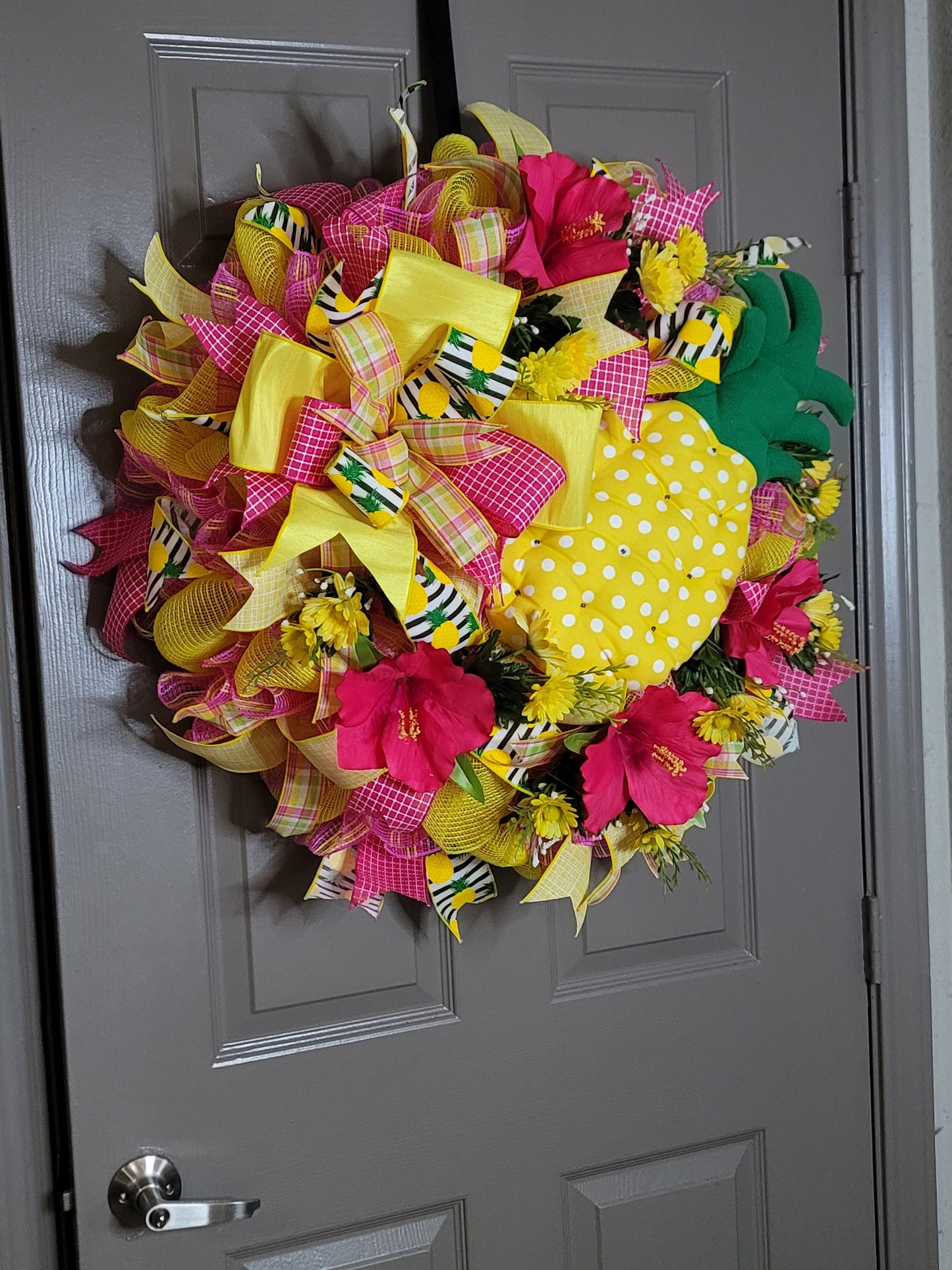 Bright Summer wreath,  Pineapple wreath,  pink hibiscus,  yellow and hot pink