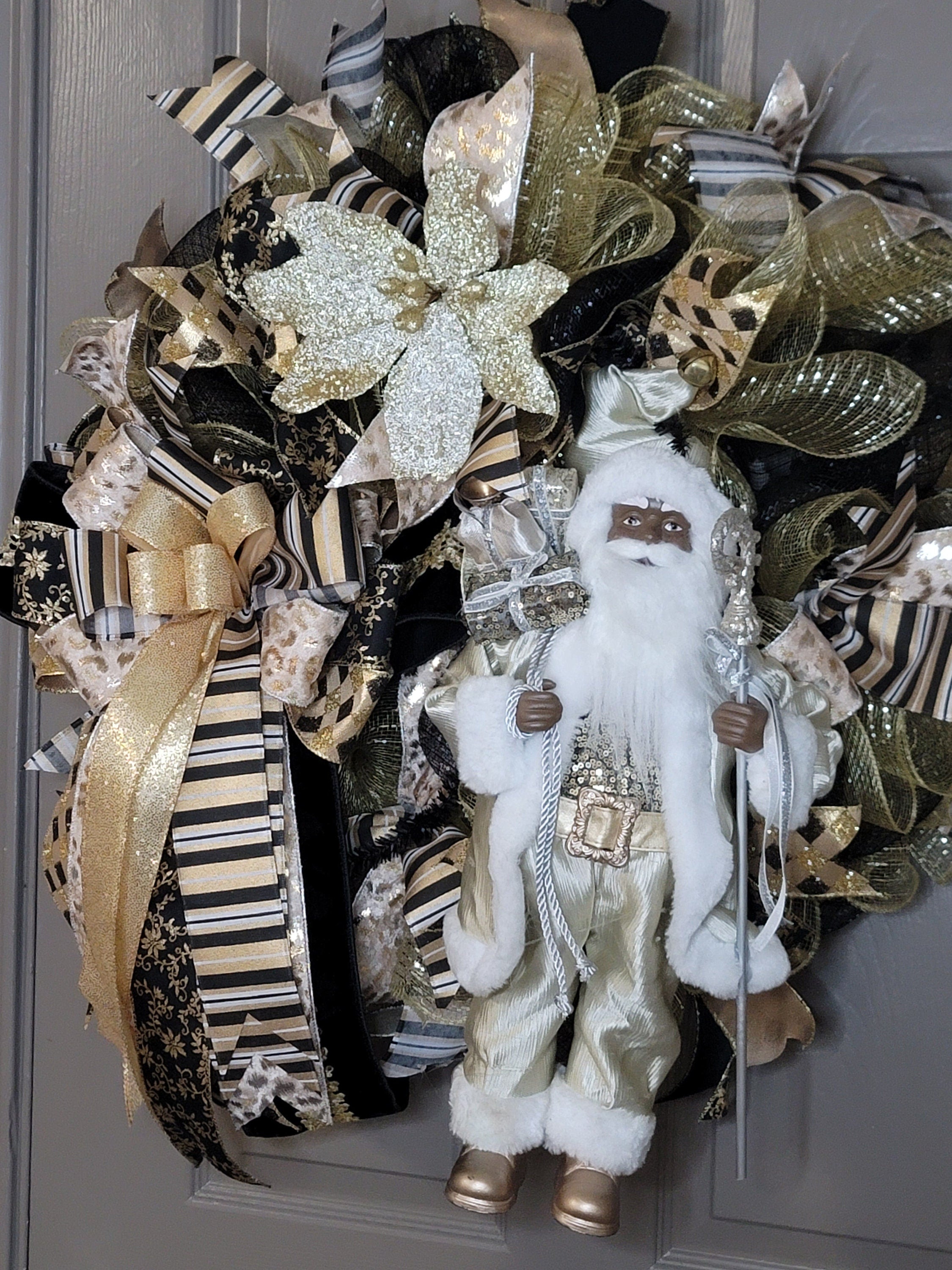 African American Christmas 2024 wreath, Black Santa Decor, Holiday Santa