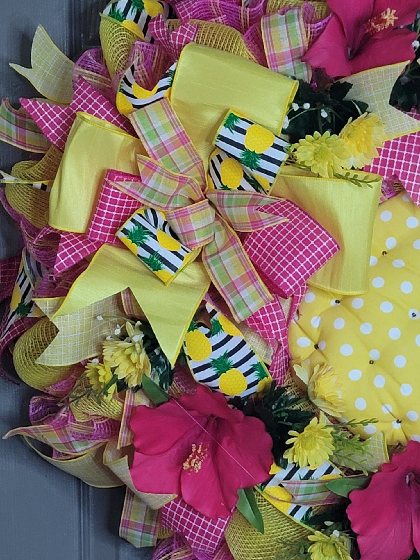 Bright Summer wreath,  Pineapple wreath,  pink hibiscus,  yellow and hot pink