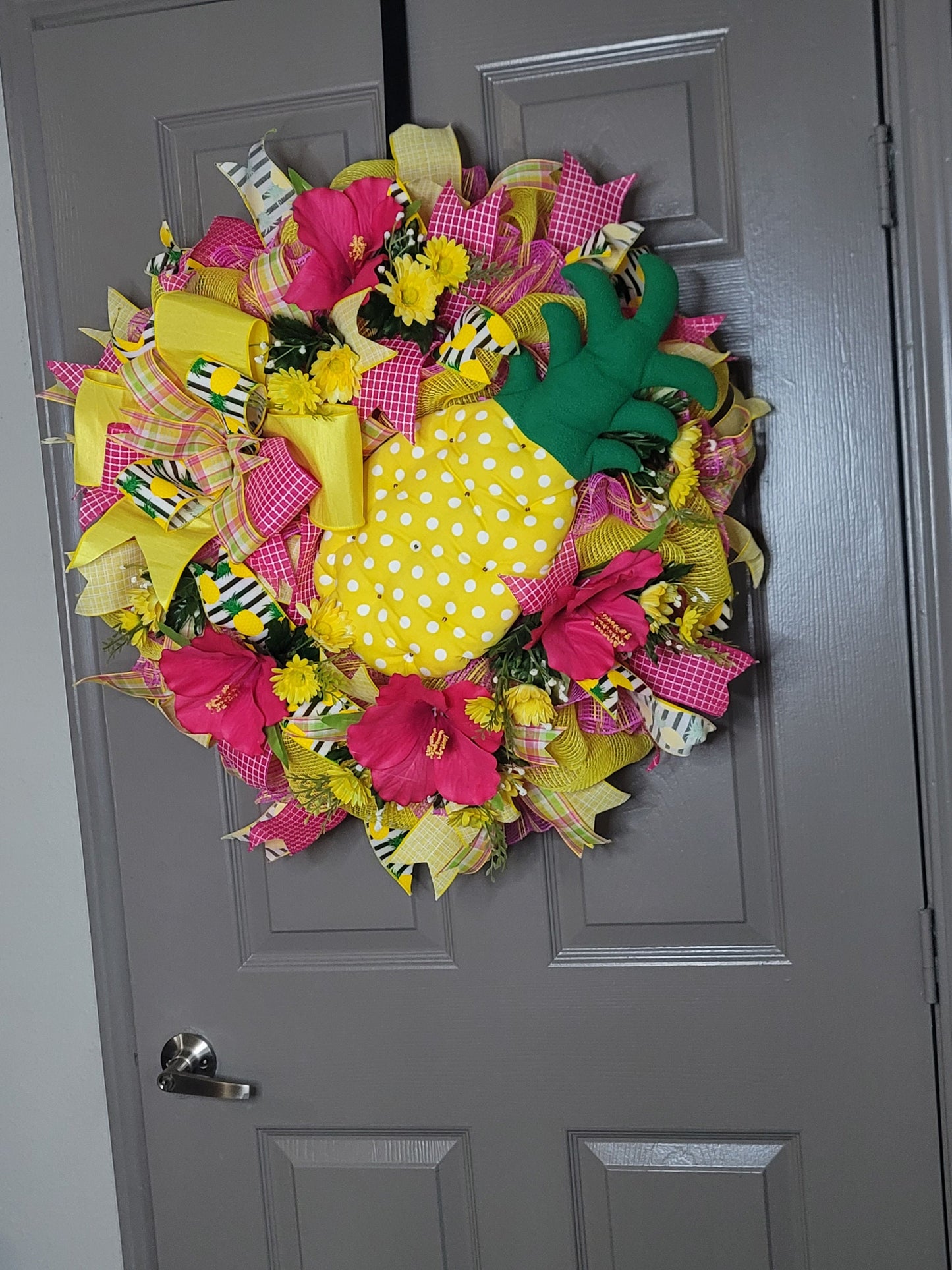 Bright Summer wreath,  Pineapple wreath,  pink hibiscus,  yellow and hot pink